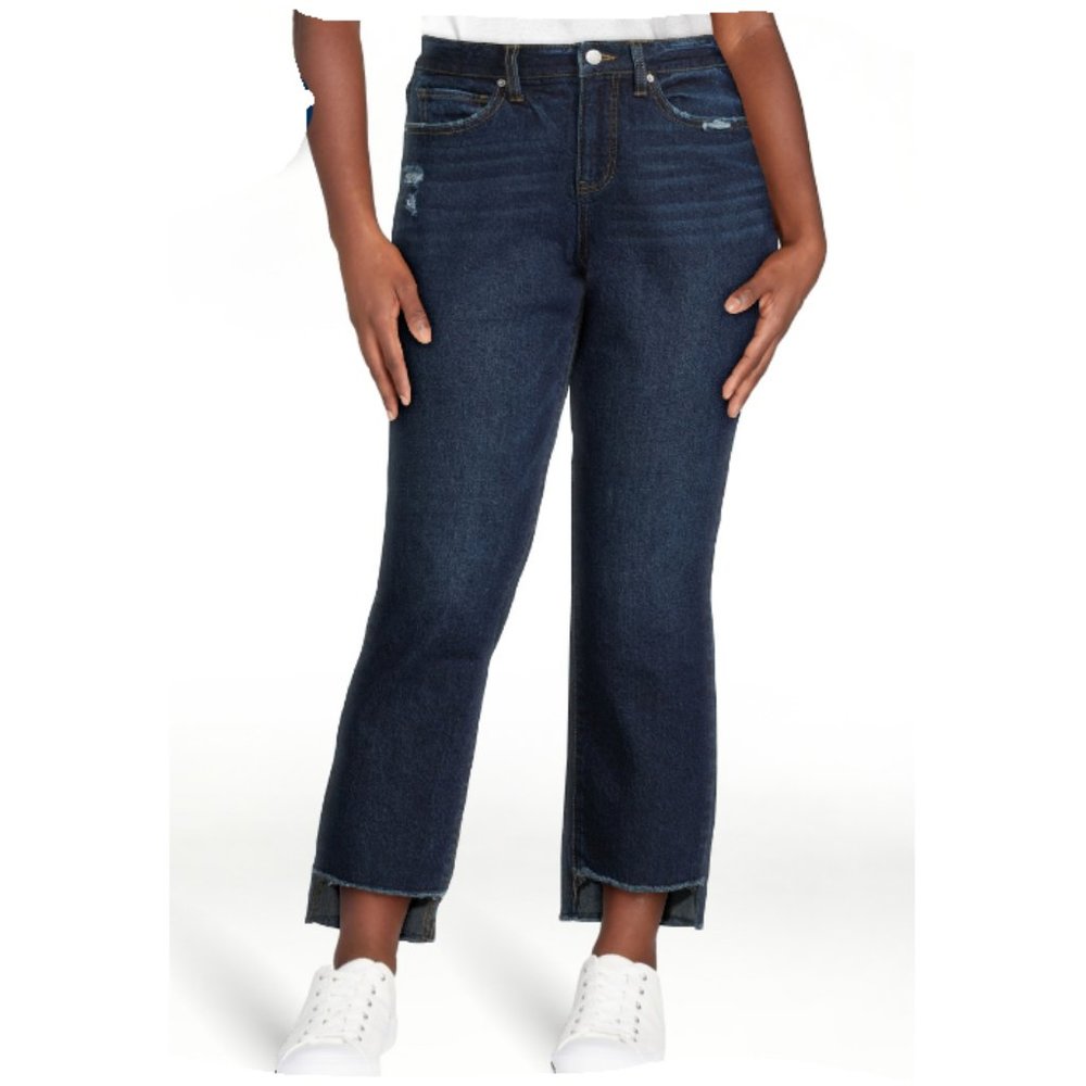 Women 10 NEW High Rise Dark Wash Straight Leg Jeans Cropped Raw Hem Y2K Vintage